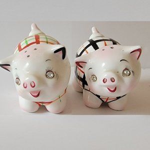 Plaid Pigs with Rhinestone Eyes Salt and Pepper Shakers